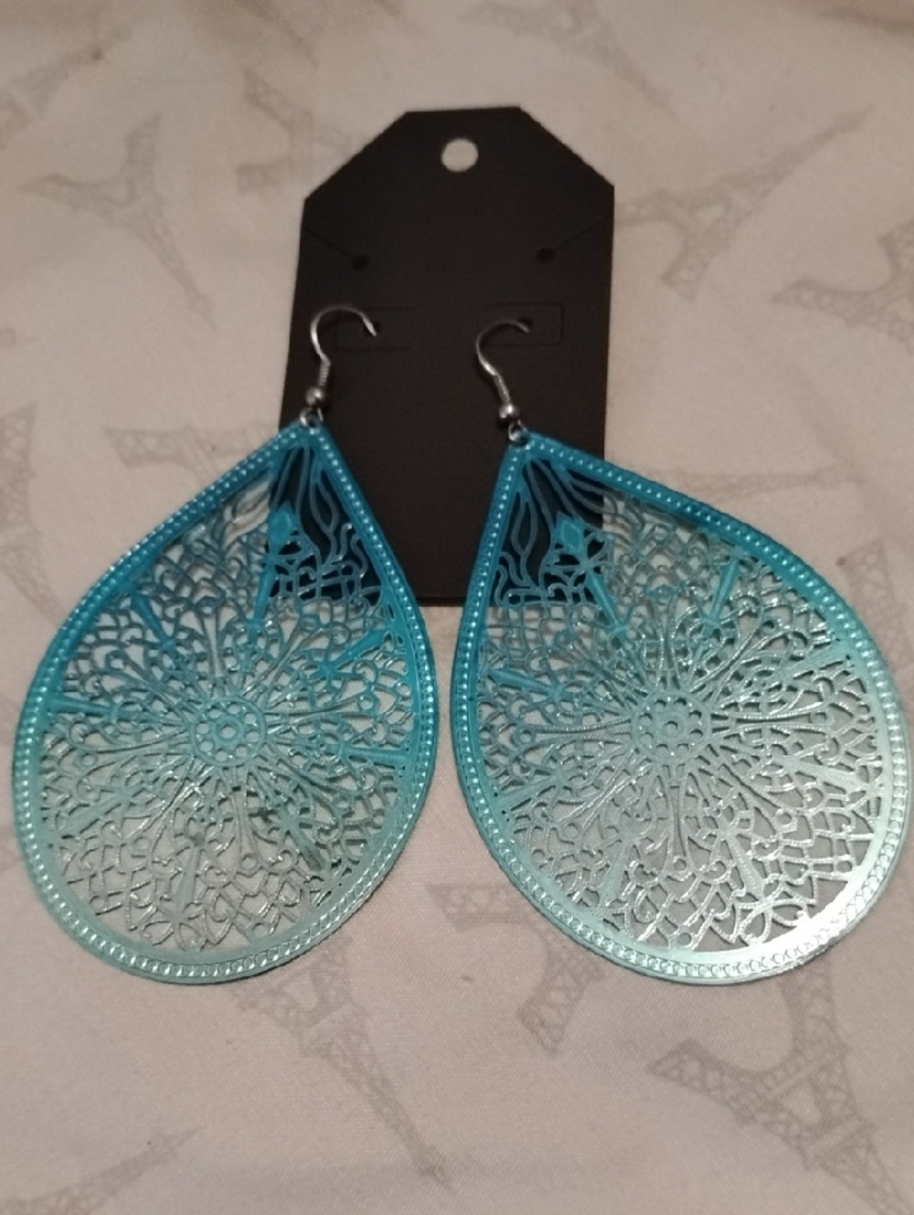 Teardrop Filigree Teal Dangle Earrings 2"W x 3"L Lightweight Fish Hook Pierced